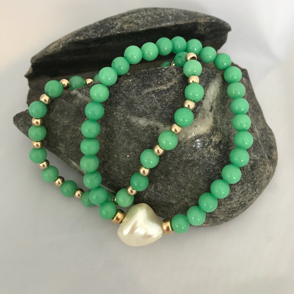Jade, pearl, 14K gold bracelet